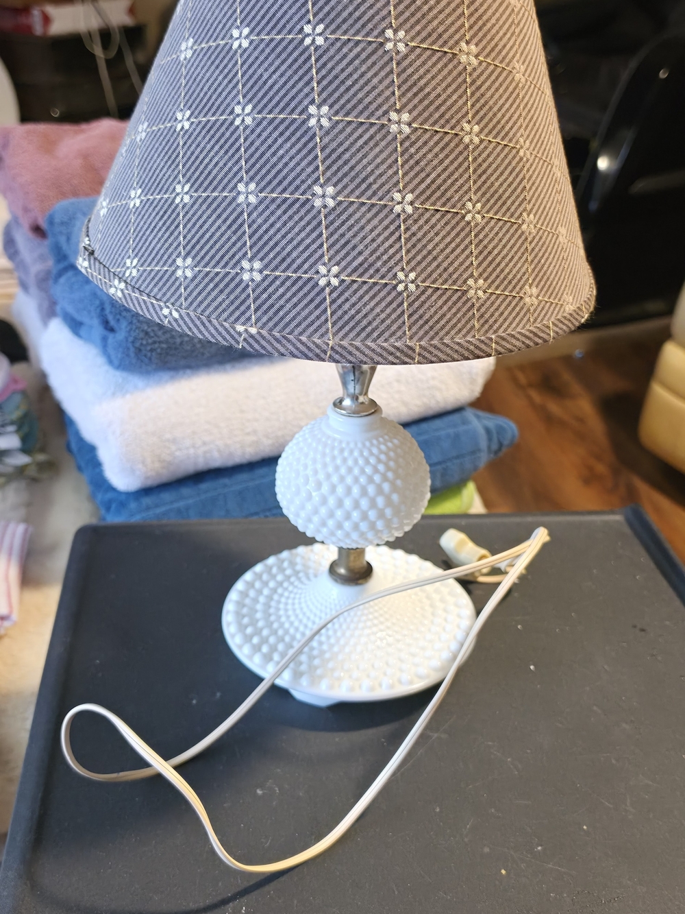 White Hobnail Glass Table Lamp with Patterned Shade